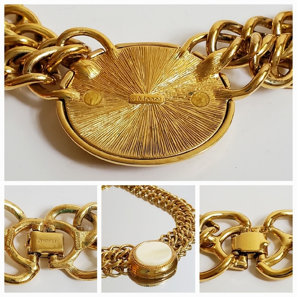 Rare! Chunky Vintage Monet Chain Link Choker with Ivory Center Stone - Picture 11 of 16